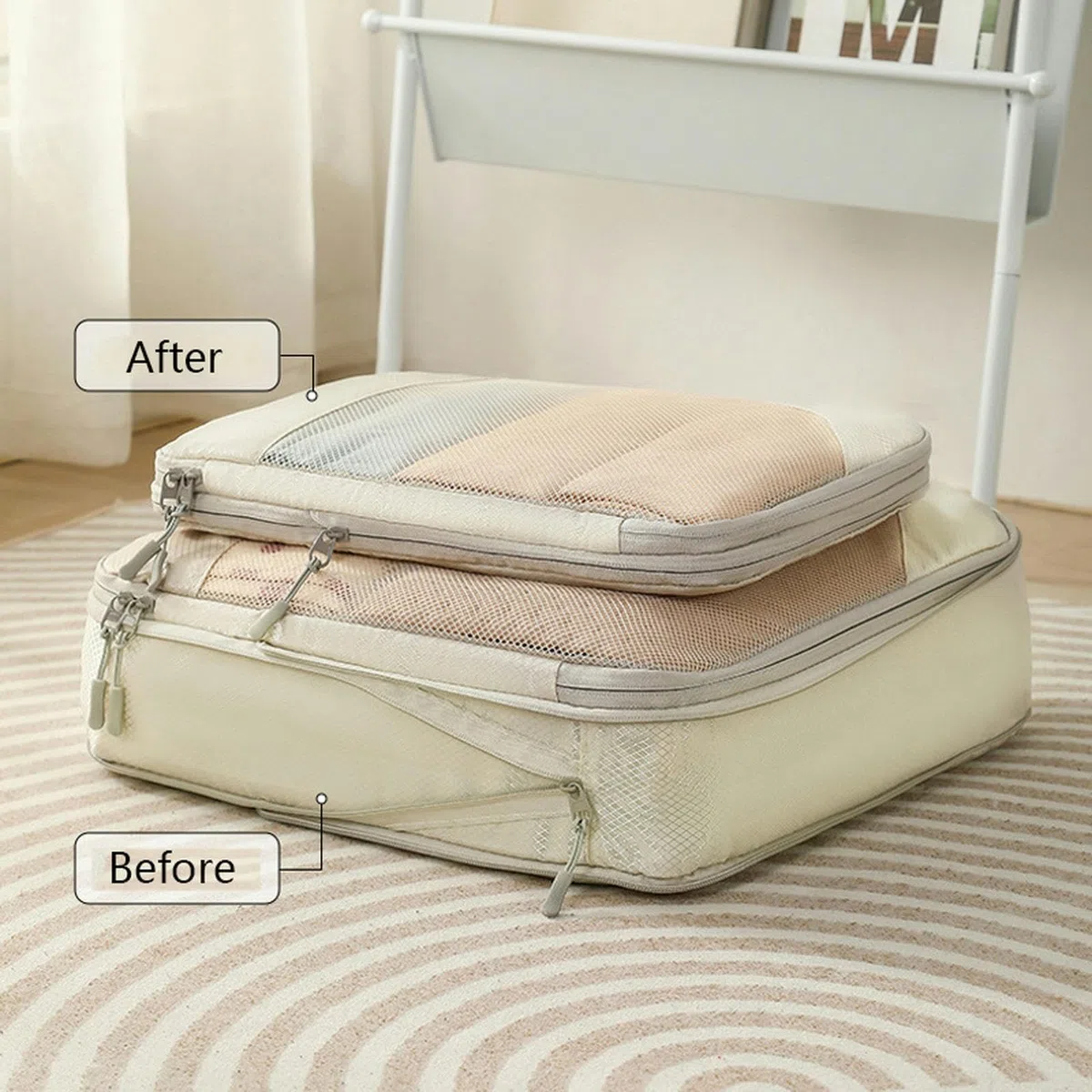 Packing Cubes, 5 Stück, komprimierbare Aufbewahrungstasche für Reisegepäck, Organizer, Packwürfel, Kleidung, Aufbewahrungstaschen, tragbar, leicht, Koffer-Tasche, Beige