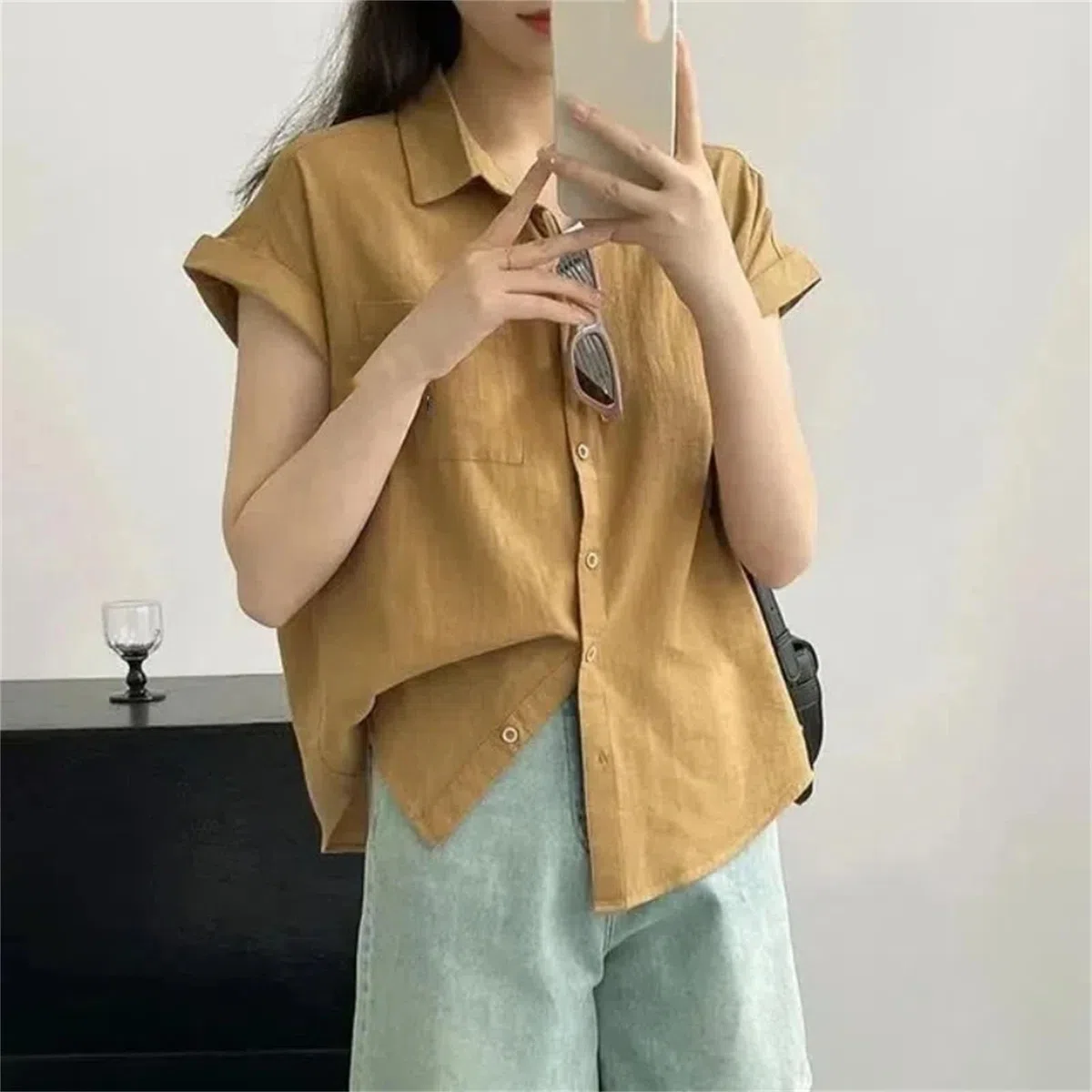 Bluse mit Knöpfen, kurzärmelig, einfarbig, für Jugendliche, Büro, Hemd, Tops, modisch, lässig, Damenbekleidung