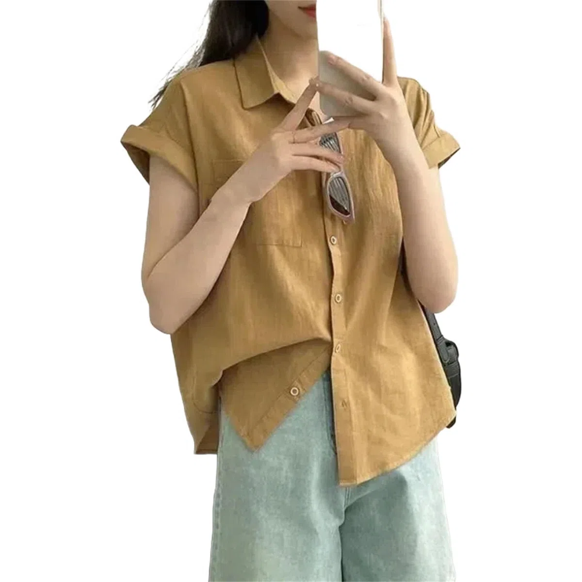 Bluse mit Knöpfen, kurzärmelig, einfarbig, für Jugendliche, Büro, Hemd, Tops, modisch, lässig, Damenbekleidung
