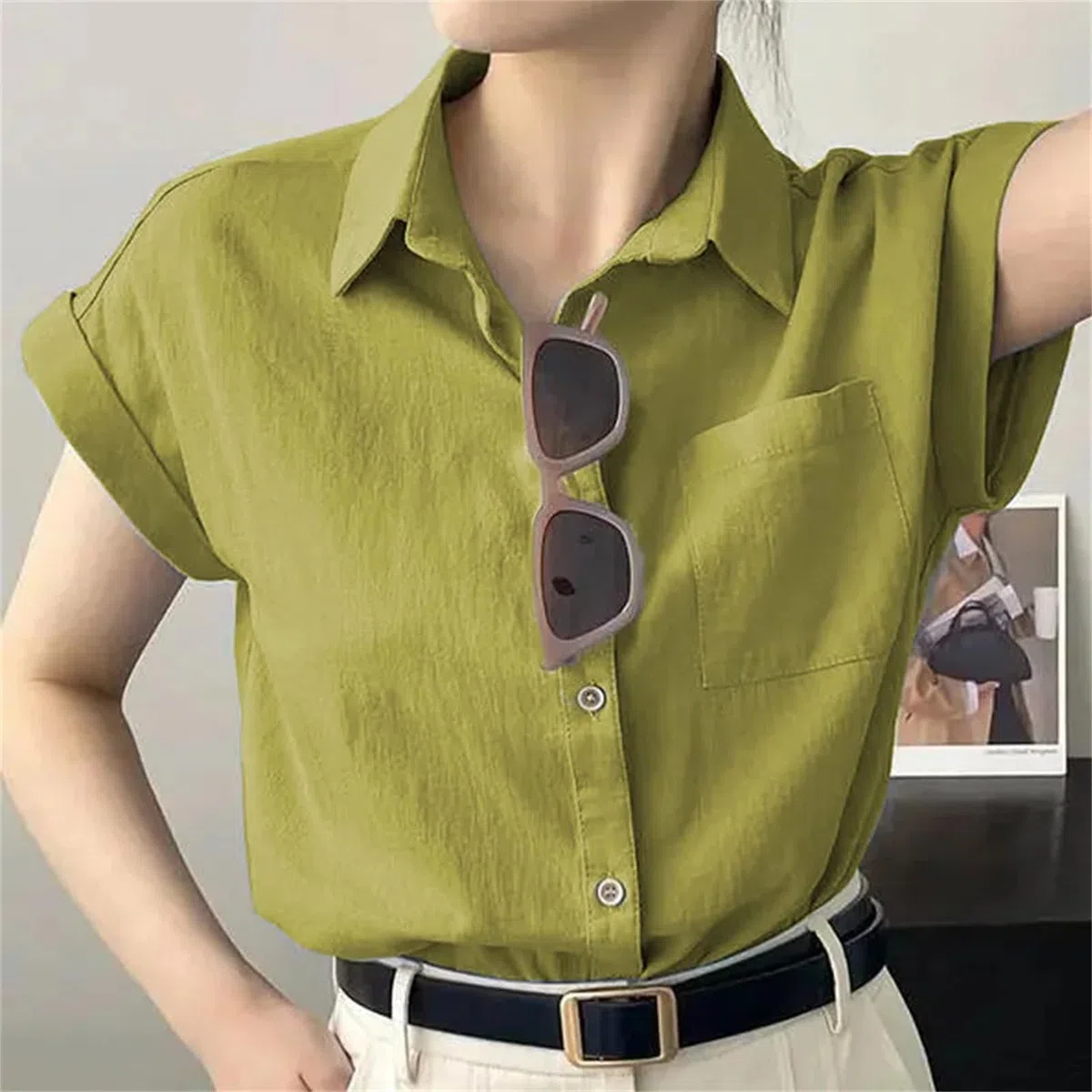 Bluse mit Knöpfen, kurzärmelig, einfarbig, für Jugendliche, Büro, Hemd, Tops, modisch, lässig, Damenbekleidung