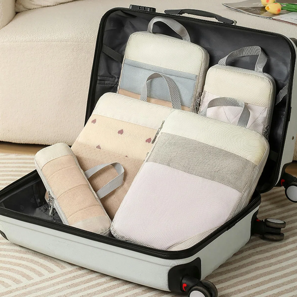 Packing Cubes, 5 Stück, komprimierbare Aufbewahrungstasche für Reisegepäck, Organizer, Packwürfel, Kleidung, Aufbewahrungstaschen, tragbar, leicht, Koffer-Tasche, Beige