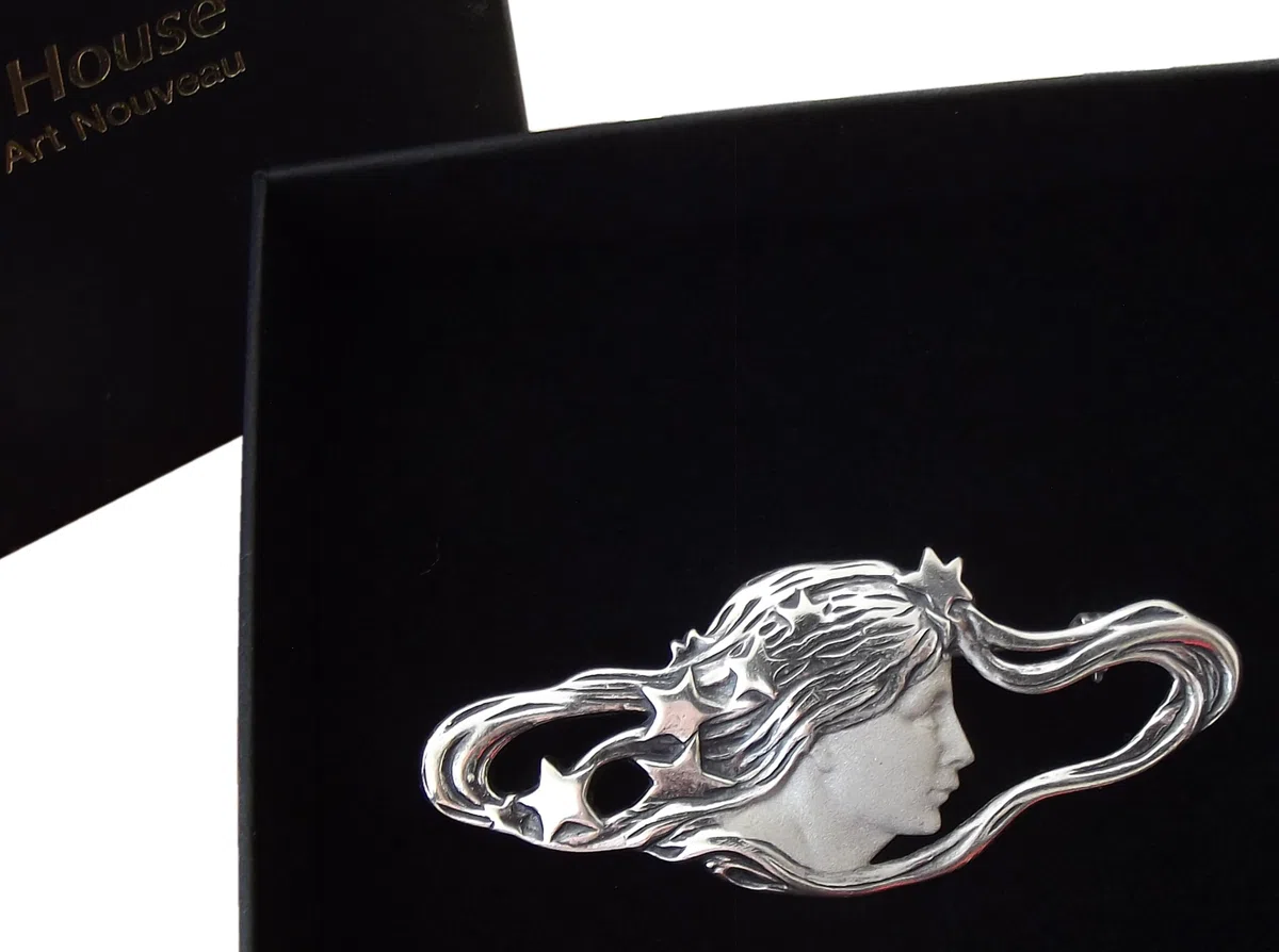 Brosche Frauenkopf 925 Silber Stil Alphonse Mucha