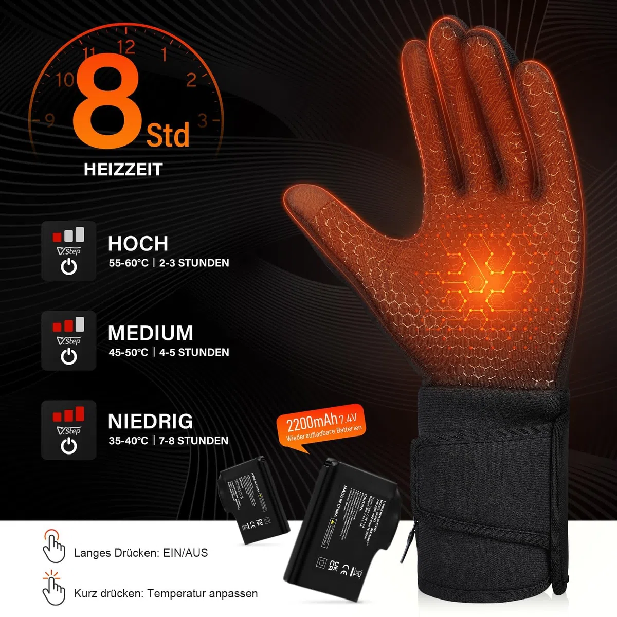 V.Step Beheizbare Handschuhe Herren Damen mit 7.4V Akku Touchscreen Winter