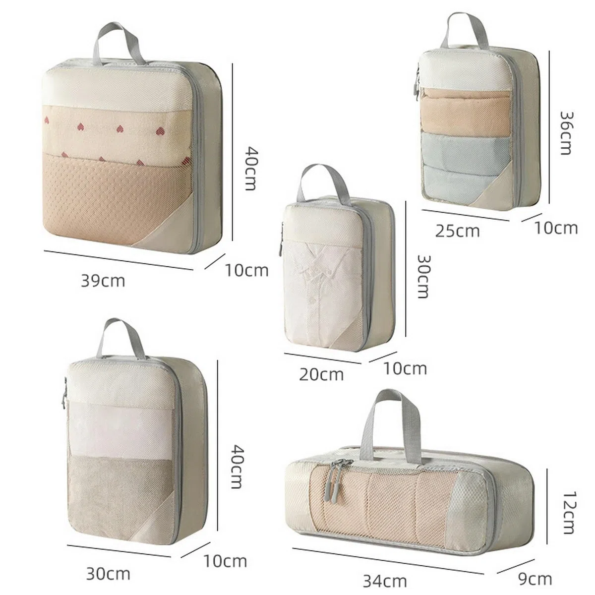 Packing Cubes, 5 Stück, komprimierbare Aufbewahrungstasche für Reisegepäck, Organizer, Packwürfel, Kleidung, Aufbewahrungstaschen, tragbar, leicht, Koffer-Tasche, Beige