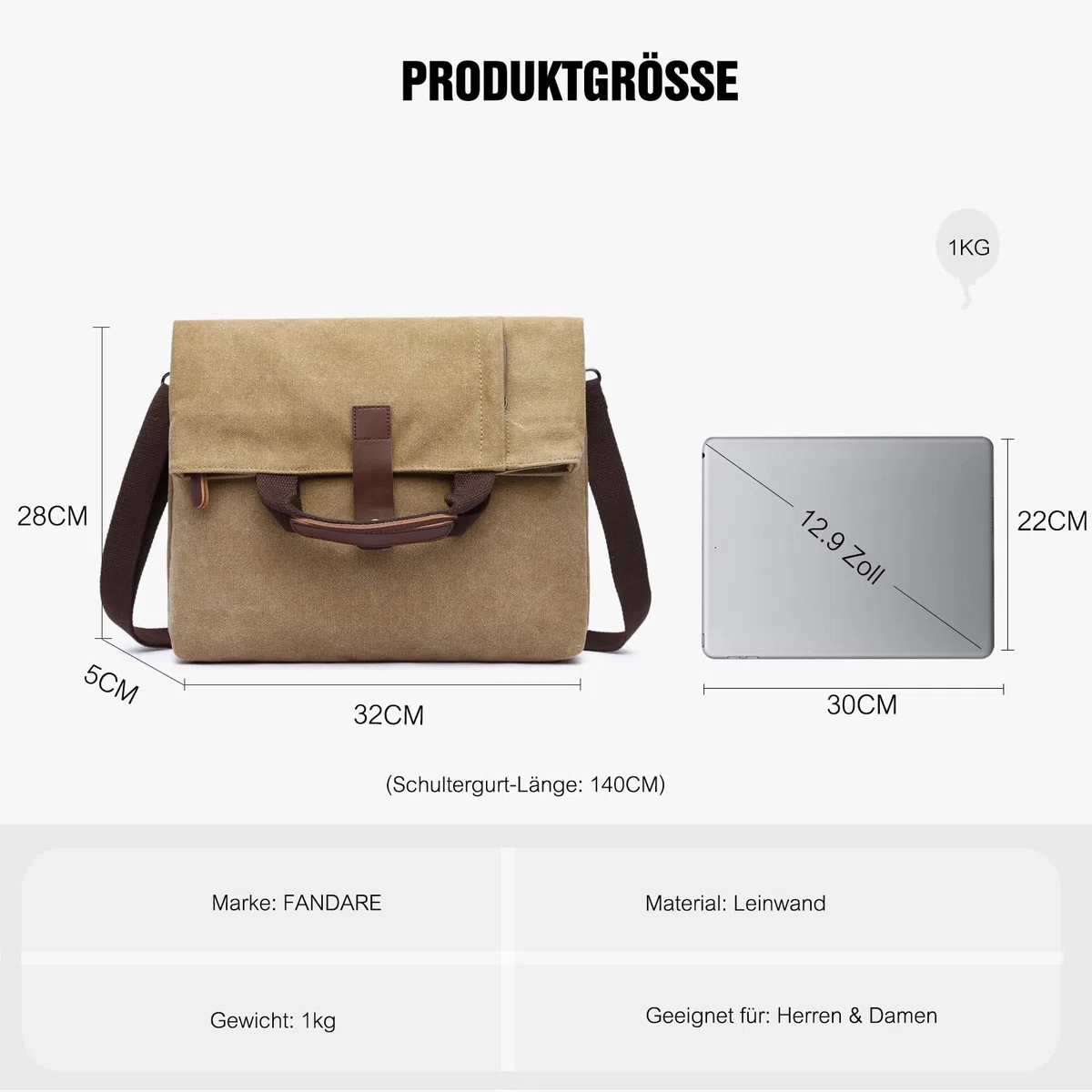 FANDARE Retro Umhängetasche Handtasche Schultertasche Herrentasche Segeltuch Kuriertasche Messenger-Bags Aktentasche für Herren Damen Arbeit Reise Schule Hochschule Arbeit Outdoor Schulranzen