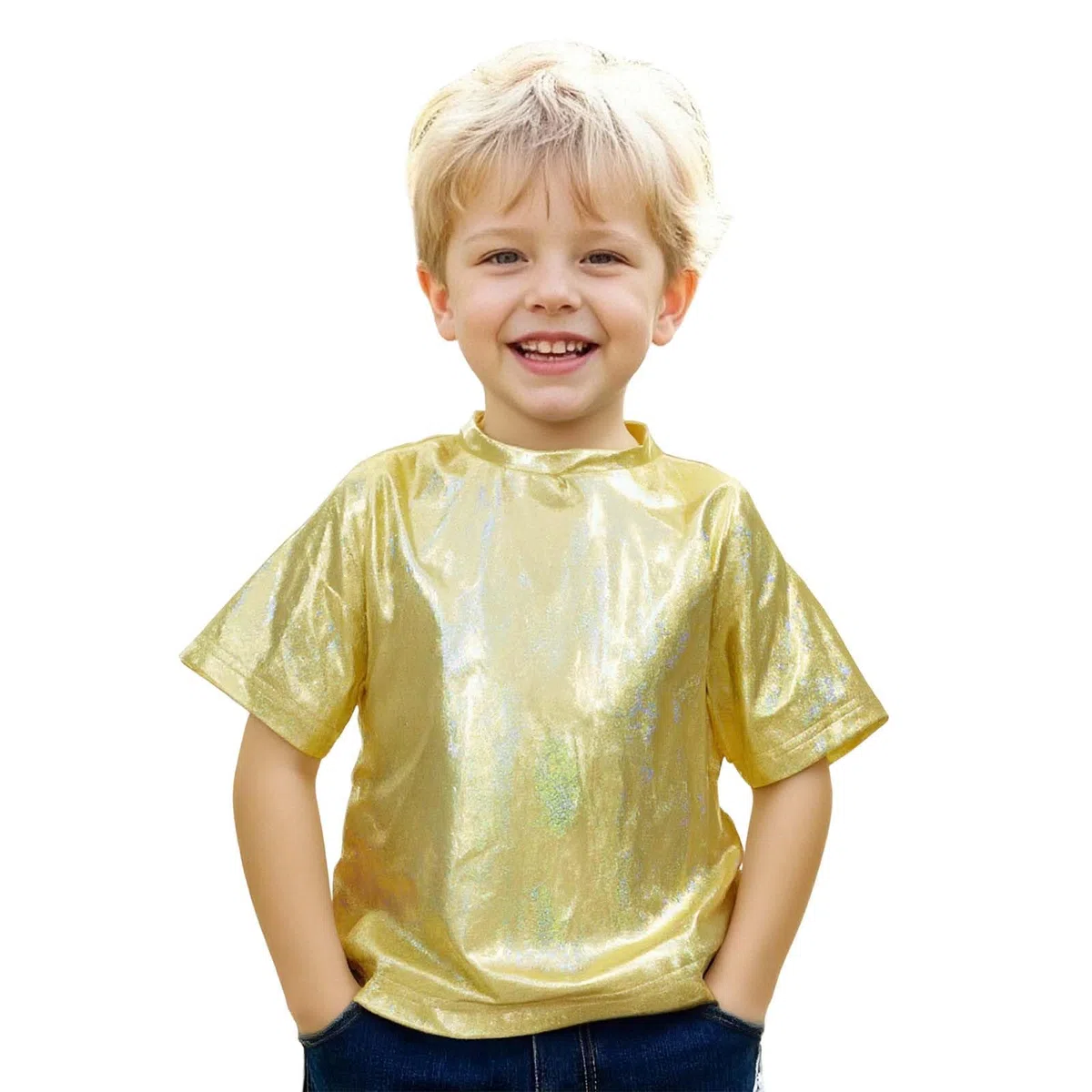 Unisex Kinder Metallic-Tanzshirt – Pailletten, reflektierender Aufdruck, locker geschnitten, Kurzarm, ideal für Bühnenauftritte und Streetwear, mit Silikon-Print für besseren Halt