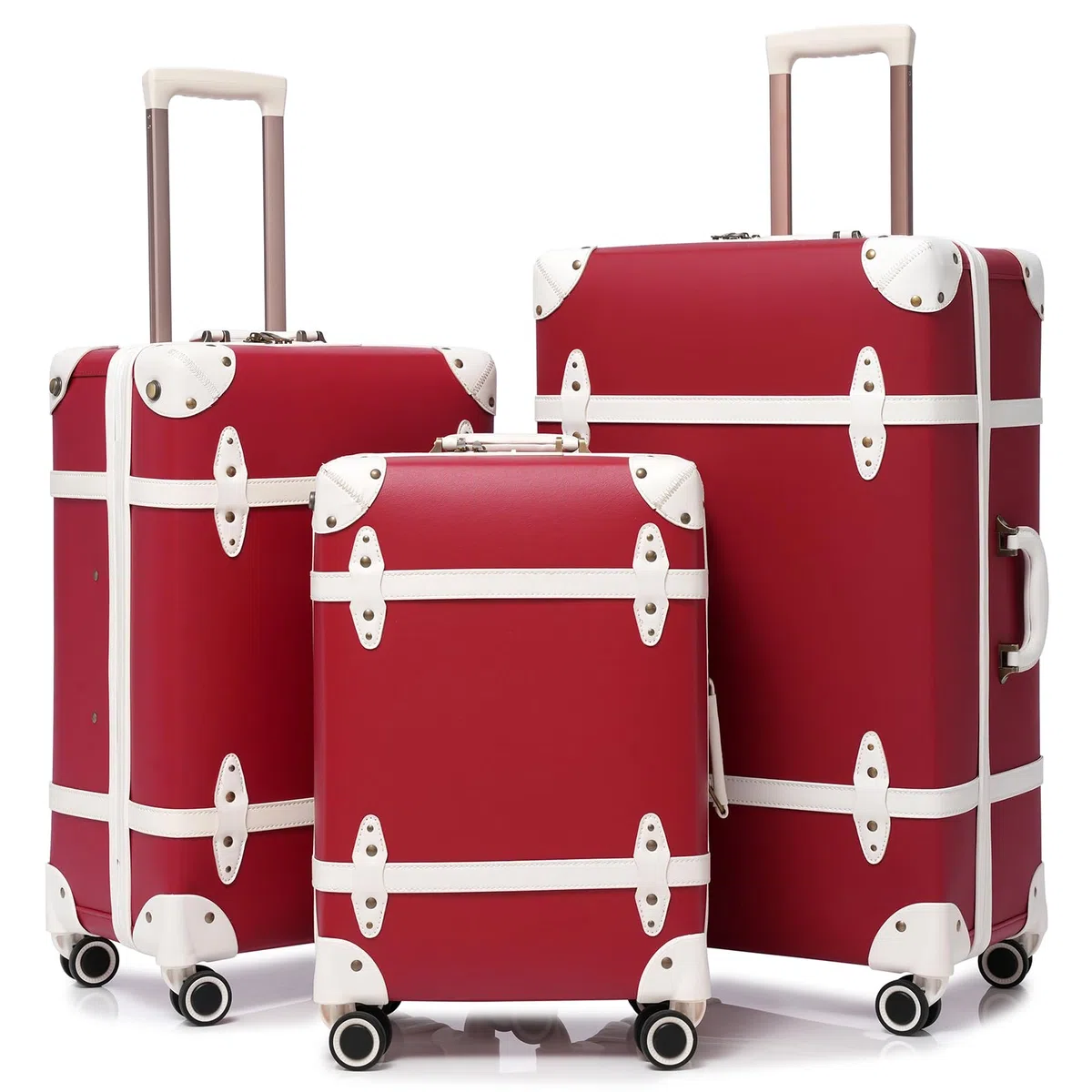 NZBZ Vintage Gepäck-Set für Damen, PU-Leder, Retro-Koffer, Kirschrot, 3er