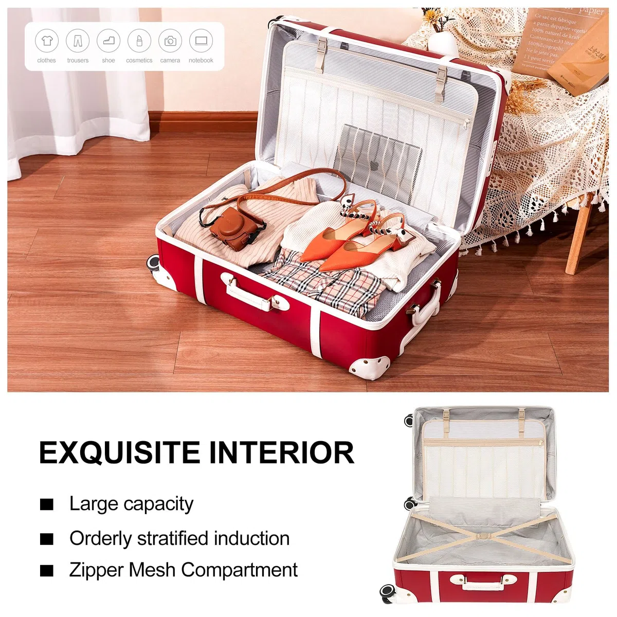 NZBZ Vintage Gepäck-Set für Damen, PU-Leder, Retro-Koffer, Kirschrot, 3er