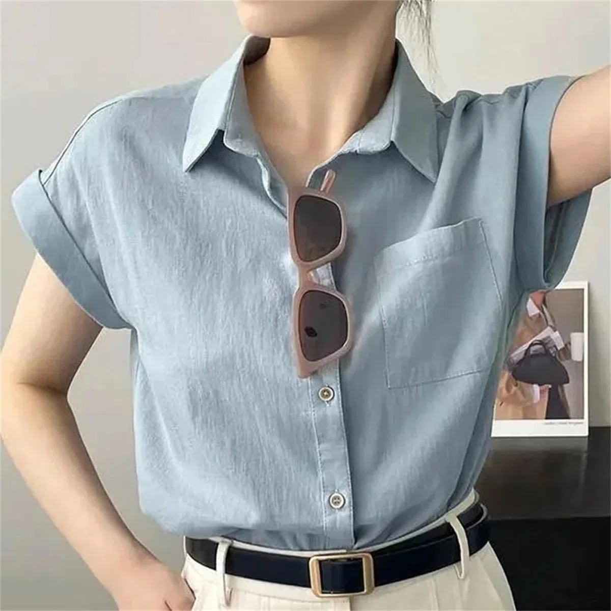 Bluse mit Knöpfen, kurzärmelig, einfarbig, für Jugendliche, Büro, Hemd, Tops, modisch, lässig, Damenbekleidung