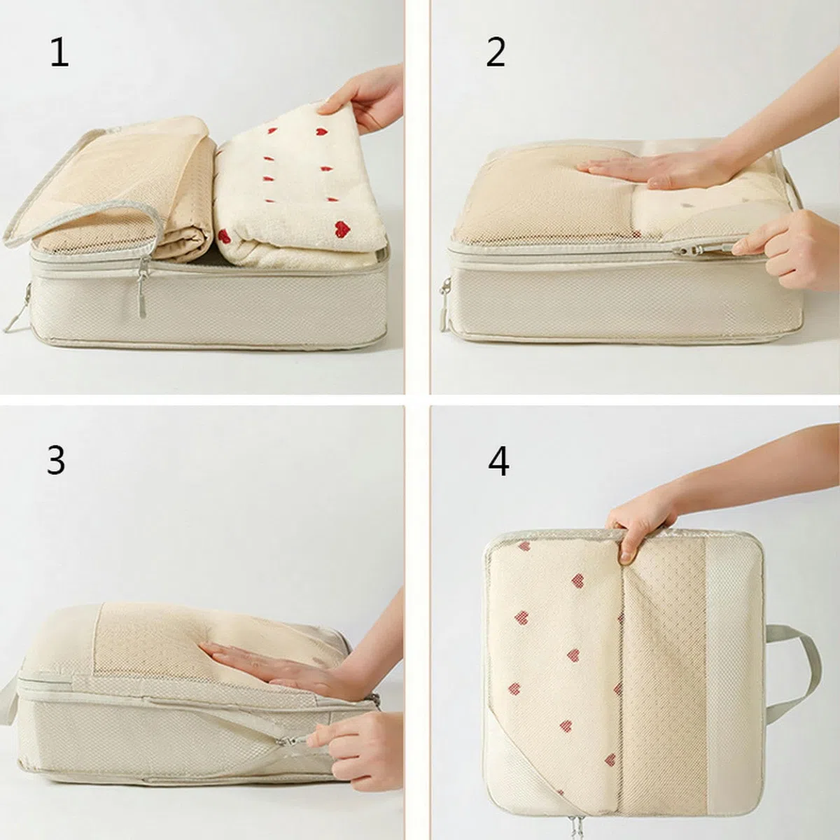 Packing Cubes, 5 Stück, komprimierbare Aufbewahrungstasche für Reisegepäck, Organizer, Packwürfel, Kleidung, Aufbewahrungstaschen, tragbar, leicht, Koffer-Tasche, Beige
