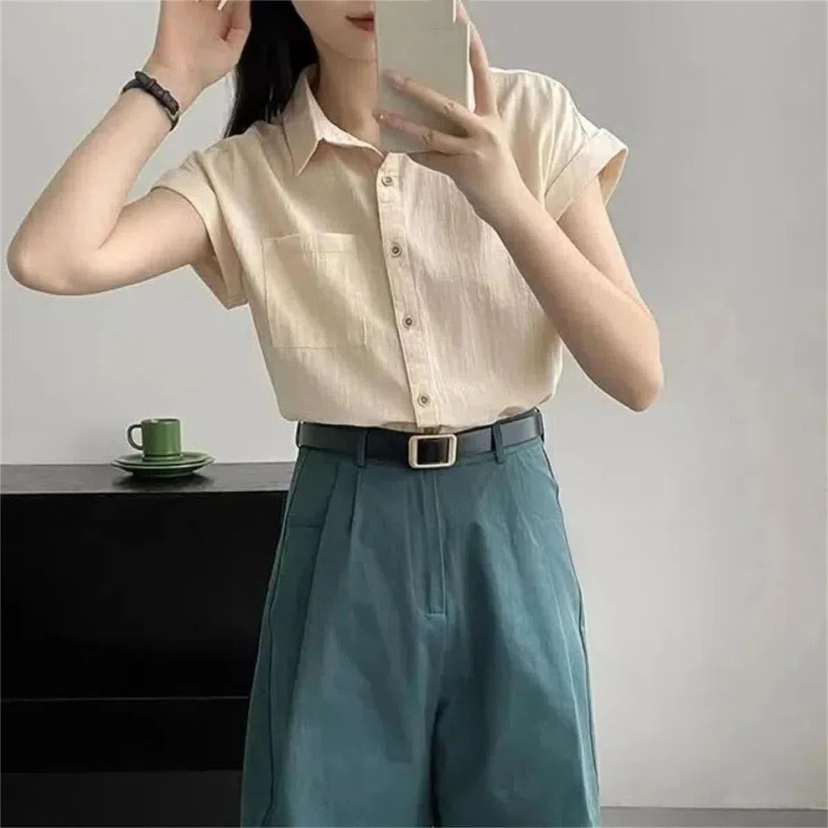 Bluse mit Knöpfen, kurzärmelig, einfarbig, für Jugendliche, Büro, Hemd, Tops, modisch, lässig, Damenbekleidung