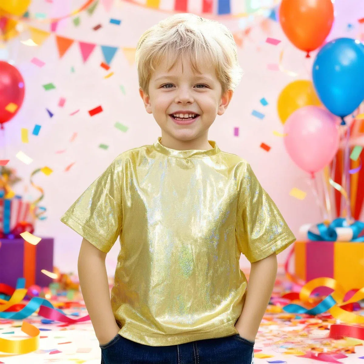 Unisex Kinder Metallic-Tanzshirt – Pailletten, reflektierender Aufdruck, locker geschnitten, Kurzarm, ideal für Bühnenauftritte und Streetwear, mit Silikon-Print für besseren Halt